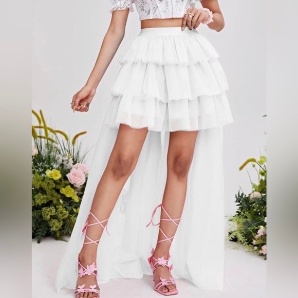 Asymmetrical Hem White Layered Ruffle Mesh Skirt - Picture 4 of 5